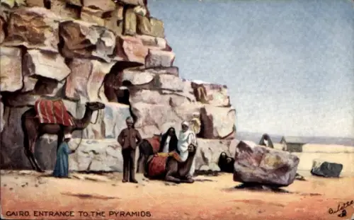 Künstler Ak Cairo Kairo Ägypten, Partie am Pyramideneingang