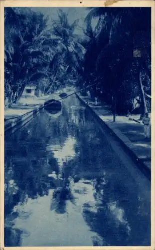 Ak Ceylon Sri Lanka,  alter Kanal, Boot auf Wasser, Palmen,  aus 1933