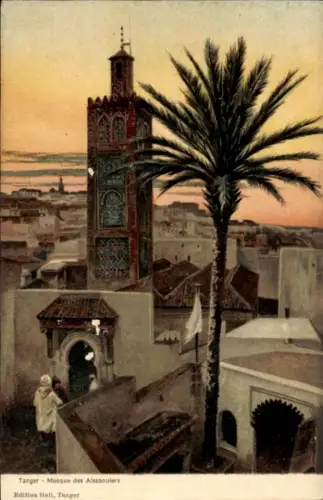 Ak Tanger Marokko, Moschee des Aissaouiers, Palmen, Stadtansicht, Abenddämmerung