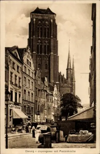 Ak Gdańsk Danzig,  Jopengasse, Marienkirche,  Gebäude, Menschen auf der Straße