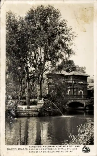 Ak Barcelona Katalonien Spanien, Landschaft mit See, Park, Gebäude, Bäume, Barcelona