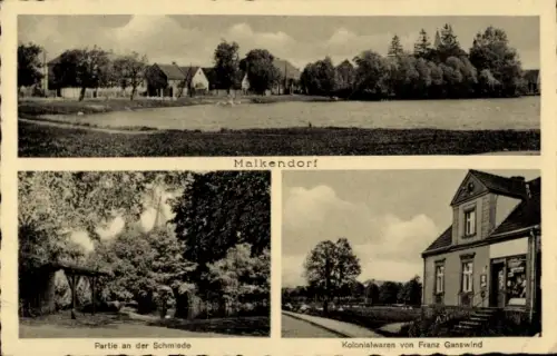 Ak Malutków Malkendorf Pommern, Gesamtansicht, Schmiede, Kolonialwarengeschäft Frans Ganswind