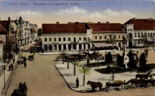 Ak Giżycko Lötzen Lözen Masuren Ostpreußen, Marktplatz, Angerburger Straße, Pferdewagen,  Gebäude