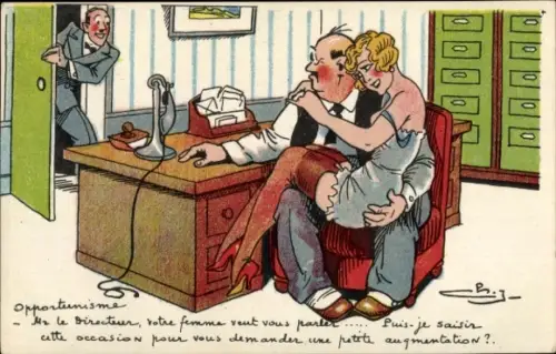 Künstler Ak Opportunisme, Büro-Direktor mit einer Frau auf dem Schoß