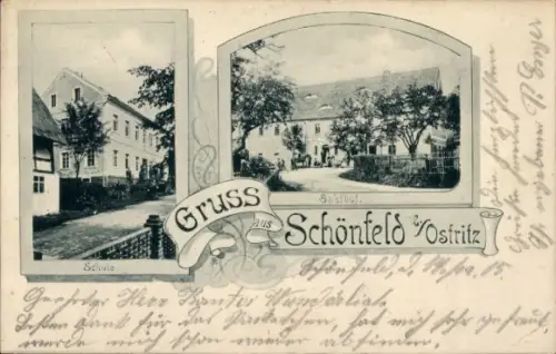 Ak Lutogniewice Schönfeld bei Ostritz Bogatynia Reichenau Schlesien, Schule, Gasthof