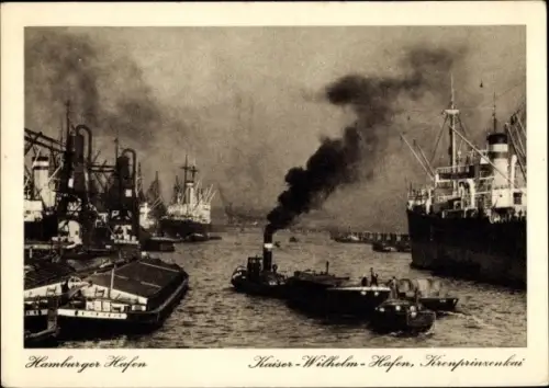 Ak Hamburg, Kaiser Wilhelm Hafen, Kronprinzenkai, Binnenschiffe, Dampfer, Schlepper