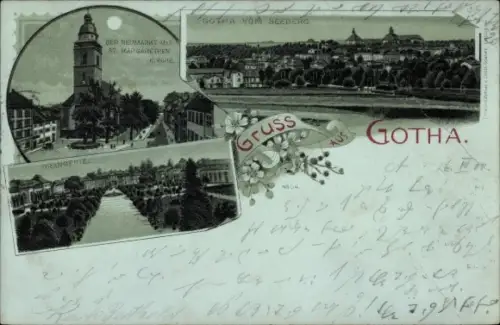 Mondschein Litho Gotha in Thüringen, Neumarkt, St. Margarethen-Kirche, Orangerie