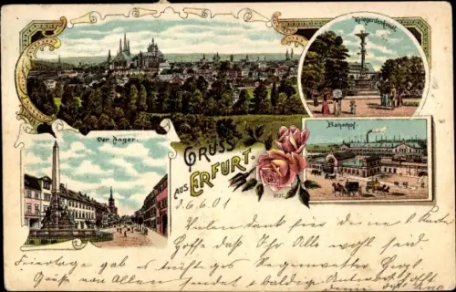 Litho Erfurt in Thüringen, Panorama, Kriegerdenkmal, Bahnhof, Der Anger