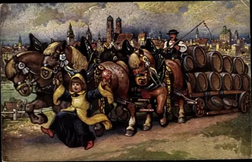 Künstler Ak München Bayern, Pferdefuhre mit Bierfässern, Münchner Kindl, Stadtbild