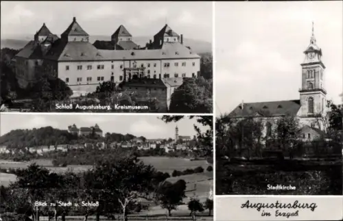 Ak Augustusburg im Erzgebirge, Schloss, Kreismuseum, Stadtkirche, Ortsansicht