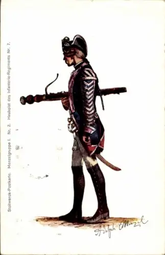 Künstler Ak Stollwerck Postkarte Gruppe 13 Nr. 11, Soldaten Friedrichs des Großen, Hautboist
