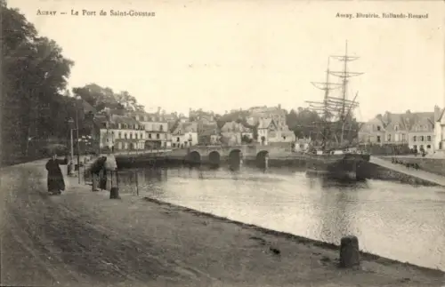 Ak Auray Morbihan, Historischer Hafen, Segelschiff, Uferpromenade, alte Häuser