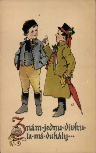 Künstler Ak Zwei Jungen in Volkstrachten, Gespräch, Geldsack