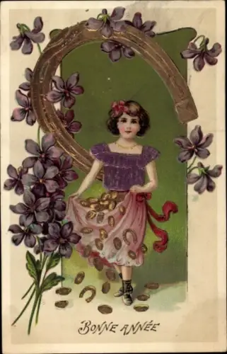 Präge Litho Glückwunsch Neujahr, Mädchen mit Münzen, Hufeisen, Veilchen