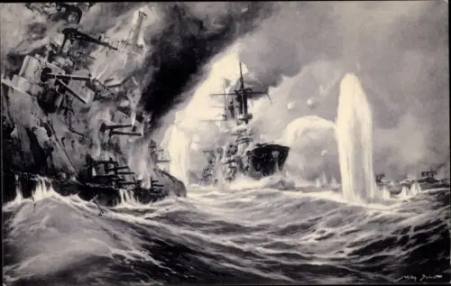 Künstler Ak Stöwer, W., Vernichtung russischer Kriegsschiffe