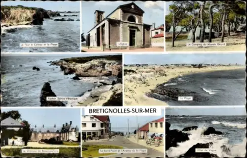 Ak Bretignolles sur Mer Vendée, La Plage, Rocher Sainte Veronique, L'Eglise