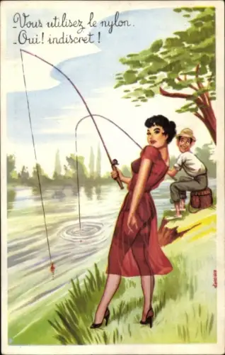 Künstler Ak Frau in rotem Kleid und Mann beim Angeln