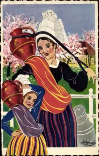 Künstler Ak Homualk, En Parcourant la Normandie, Porteuses de Lait du Pays d'Auge