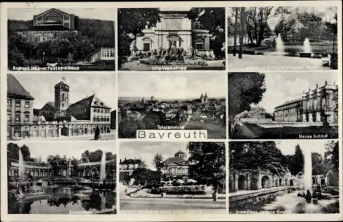 Ak Bayreuth in Oberfranken, Richard-Wagner-Festspielhaus, Villa Wahnfried, Eremitage, Altes Schloss