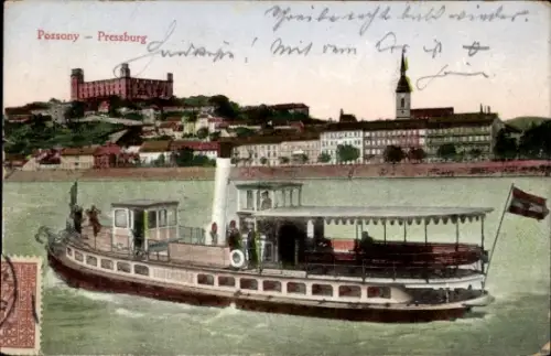 Ak Pozsony Pressburg Bratislava Slowakei, Gesamtansicht, Dampfschiff auf der Donau