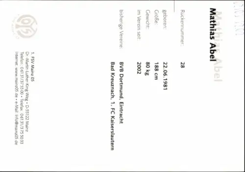 Autogrammkarte Mathias Abel, 1. FSV Mainz 05, Autogramm
