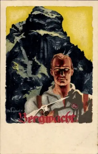 Künstler Ak Bergwacht, Mann vor einer Bergpartie