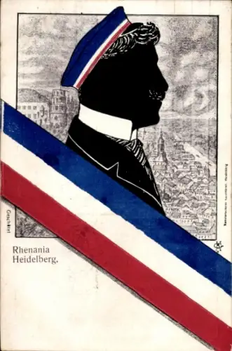 Studentika Ak Heidelberg, Rhenania Heidelberg, Scherenschnitt eines Studenten, Corpsfarben