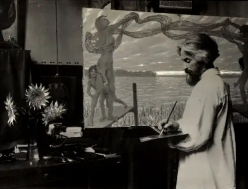 Ak Maler Fidus, am Maiabendspiel malend, 1931, Aufnahme von Anton Becke, Signatur Fidivater