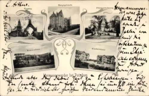 Ak Hermannswerder Potsdam, Eingang, Hauptgebäude, Pförtnerwohnung, Kinderhäuser, Krankenhaus