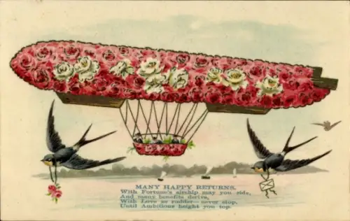 Ak Luftschiff, Zeppelin, Schwalben, Blumen