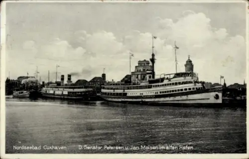 Ak Nordseebad Cuxhaven, Dampfer Senator Petersen und Jan Molsen im alten Hafen, HADAG