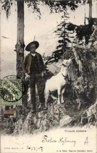 Ak Junge in schweizerischer Tracht, Ziege