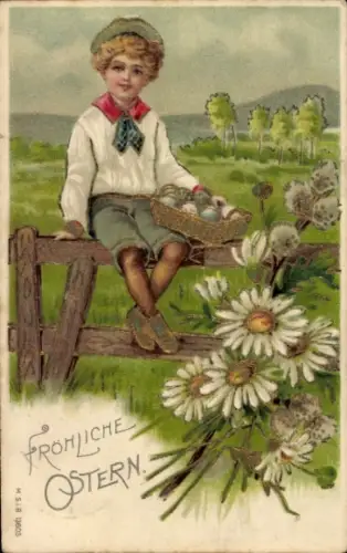 Präge Ak Glückwunsch Ostern, Junge, Ostereier