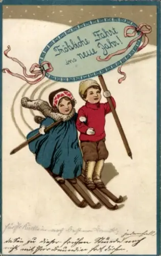 Ak Glückwunsch Neujahr, Kinder auf Skiern