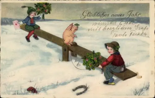 Ak Glückwunsch Neujahr, Kinder auf der Wippe, Schwein