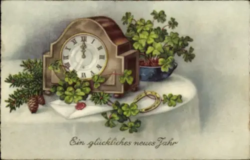 Ak Glückwunsch Neujahr, Kleeblatt, Uhr