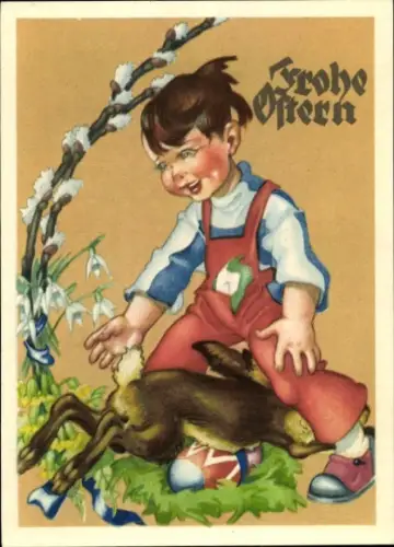 Ak Glückwunsch Ostern, Osterhase, Weidenkätzchen, Osterei, Junge