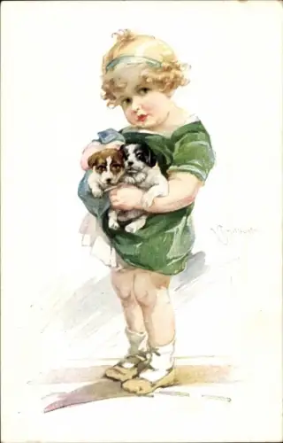 Künstler Ak Mädchen mit Welpen