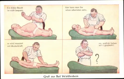 Ak Bad Waldliesborn Lippstadt in Westfalen, Dicker Mann verschwindet bei der Massage
