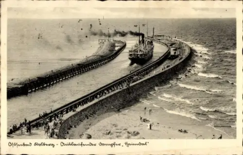 Ak Kołobrzeg Ostseebad Kolberg Pommern, Ostseebad  Dampfer Heimdal, Strandpromenade, Menschen