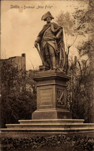 Ak Szczecin Stettin Pommern, Denkmal Alter Fritz, Statue,  Text auf Sockel