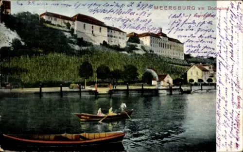Ak Meersburg am Bodensee, Meersburg am Bodensee, Boote auf dem Wasser, Ufer mit Gebäuden, Schrift