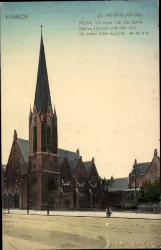 Ak Hansestadt Lübeck, St. Matthäi-Kirche,  Text über die Ehre Gottes, farbige 