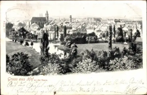 Ak Hof an der Saale Oberfranken Bayern,  Stadtansicht, Fluss, Bäume, Kirche
