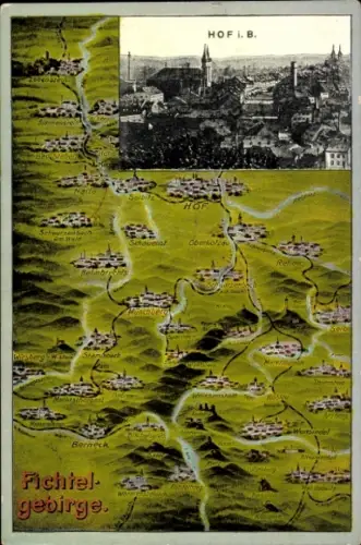 Ak Hof an der Saale Oberfranken Bayern, Karte von  Fichtelgebirge, umliegende Orte, Schwarz-Weiß-