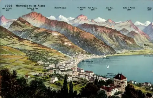 Ak Montreux Kanton Waadt Schweiz, Berglandschaft,  Genfersee, Alpen, Beschriftungen
