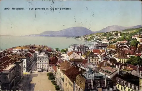 Ak Serrières Neuchâtel Neuenburg Stadt, Landschaftsansicht,  Blick auf Serrières, Berge im Hinter