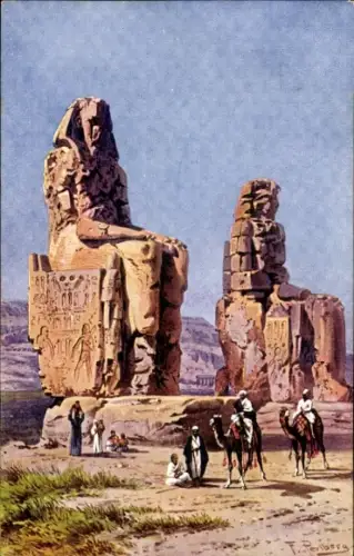 Ak Theben Ägypten, Zwei große Statuen, Kamele, Menschen, Wüste, Theben