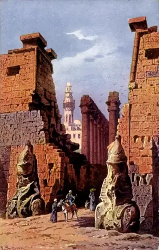 Ak Luxor Ägypten, Ägyptische Ruinen, Reiter, Statuen, Tempel, Luxor