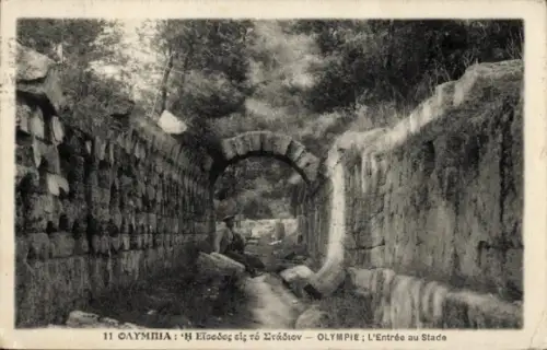 Ak Olympia Griechenland, Eingang zum Stadion, antike Ruinen, griechischer Text